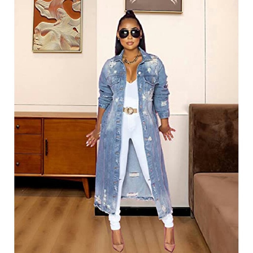 Distressed Denim Jacket Coat Ripped Holes Ankle Length Women's Size - Picture 4 of 7